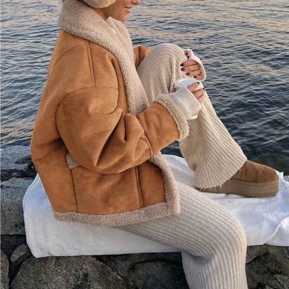 Cozy Tan Shearling Jacket thick faux suede winter warm coat - Picture 4 of 6
